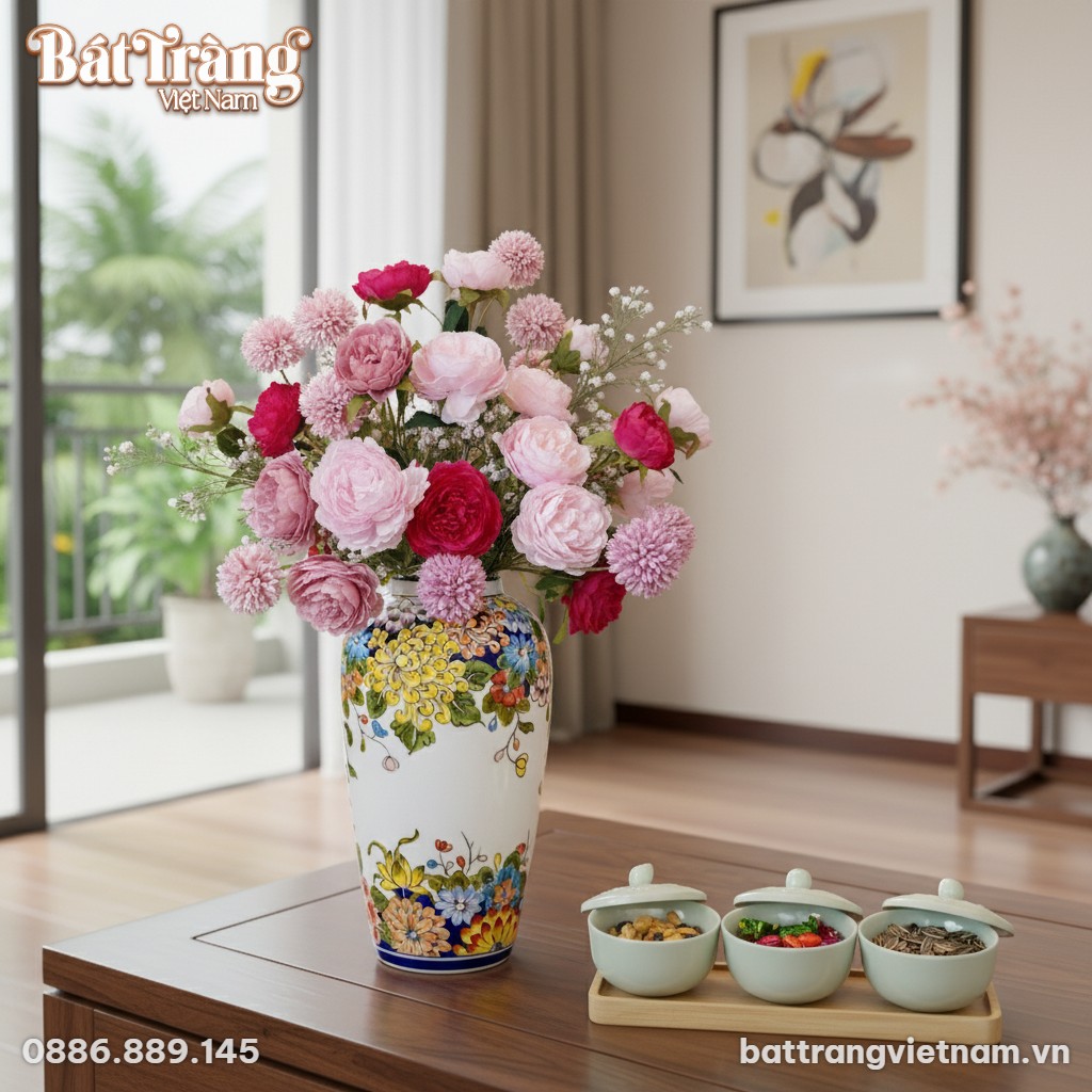 Lọ hoa gốm sứ BT-LH23 cao 36cm đặt trên bàn trà...