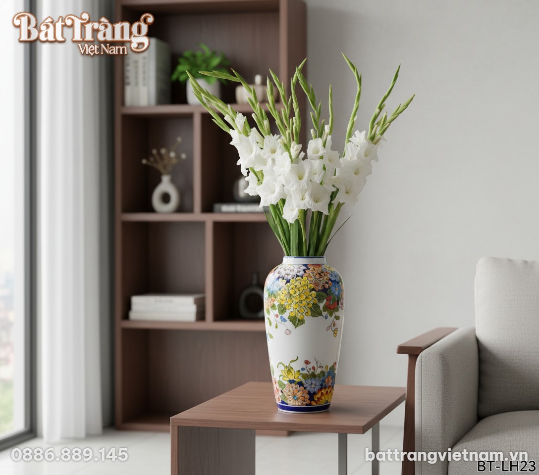 Lọ hoa gốm sứ BT-LH23 cao 36cm đặt trên một đôn...