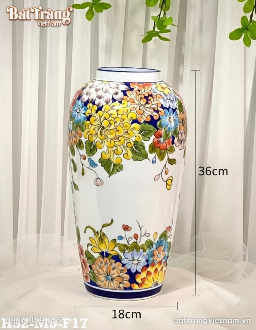 Kích thước Lọ hoa gốm sứ vẽ họa tiết hoa cúc và hoa lá đa sắc BT-LH23