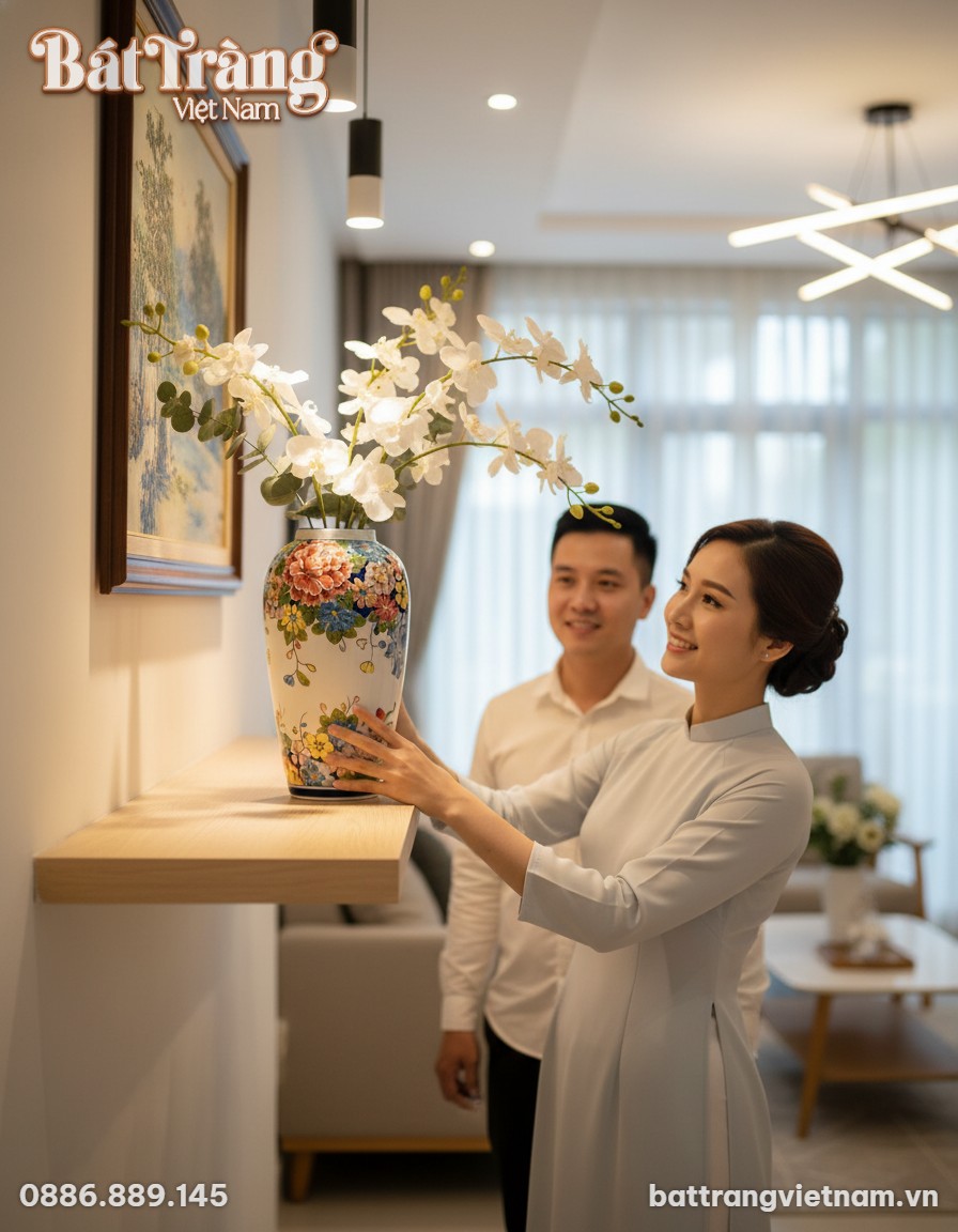 Một người phụ nữ mặc áo dài cách tân màu pastel...