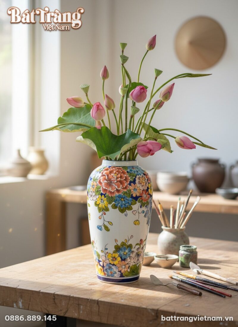 Cận cảnh lọ hoa gốm sứ vẽ tay họa tiết hoa đa s... Cận cảnh lọ hoa gốm sứ vẽ tay họa tiết hoa đa s...