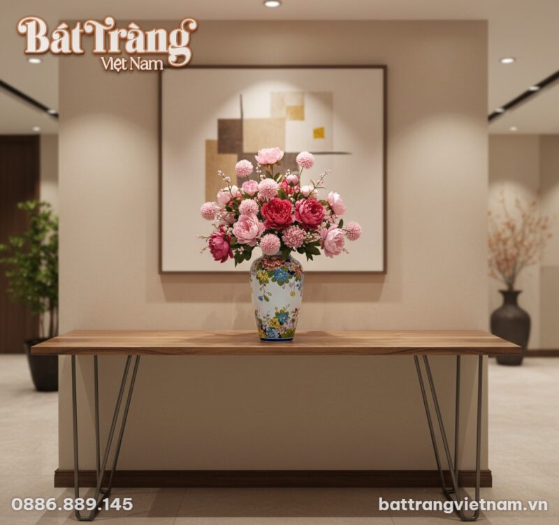 Lọ hoa gốm sứ họa tiết hoa đa sắc đặt trang trọ... Lọ hoa gốm sứ họa tiết hoa đa sắc đặt trang trọ...