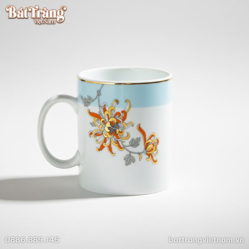 Ly Sứ Cao Cấp Họa Tiết Hoa Cúc Vàng Cam Viền Vàng