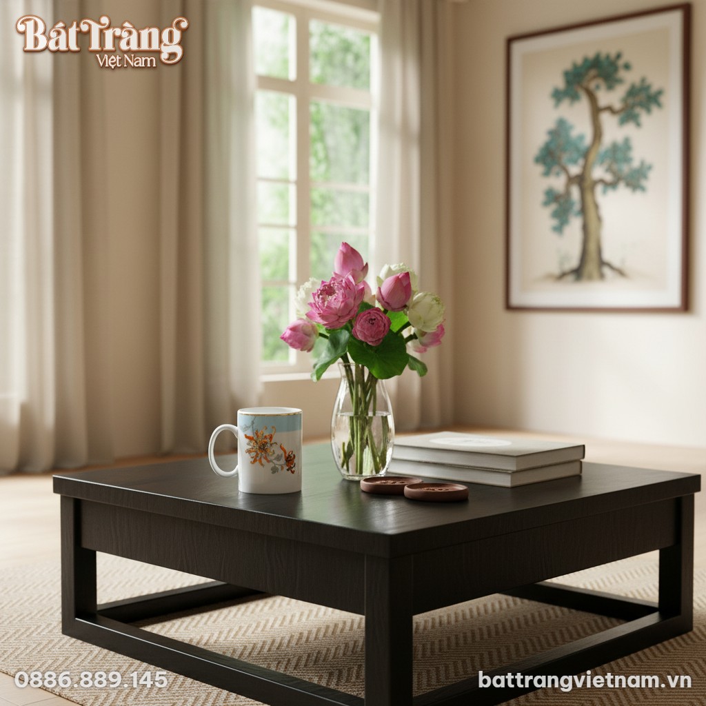 Ly sứ hoa cúc nổi bật trên bàn trà gỗ mun tại m...