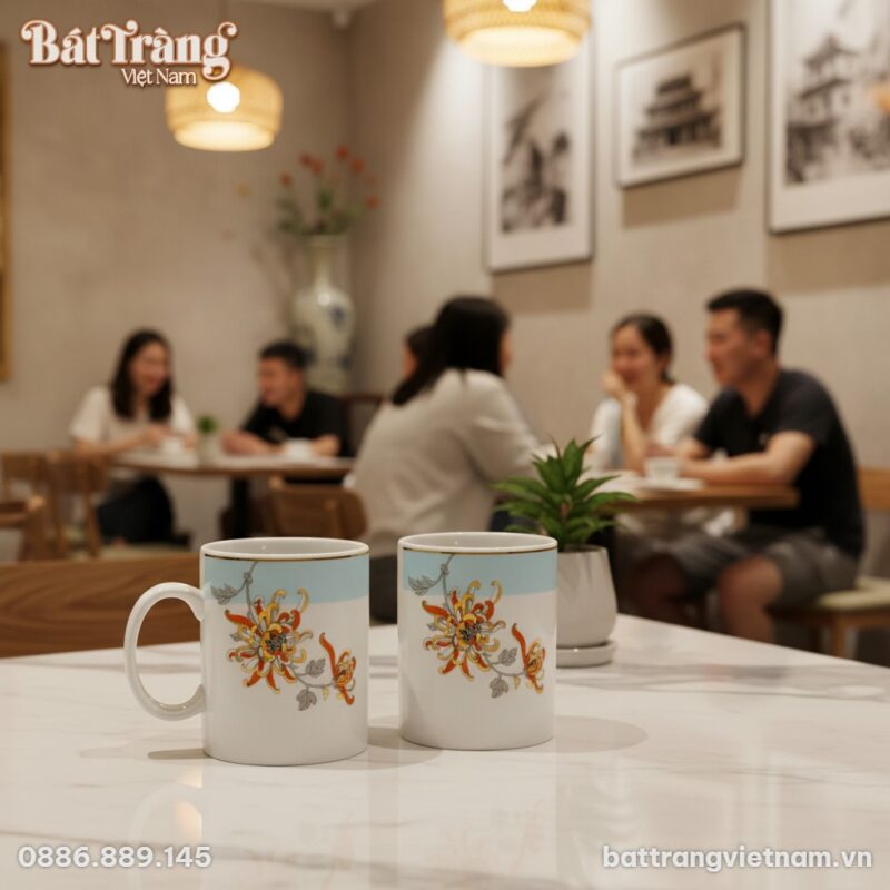 Hai chiếc ly sứ hoa cúc được đặt trên bàn đá cẩ...