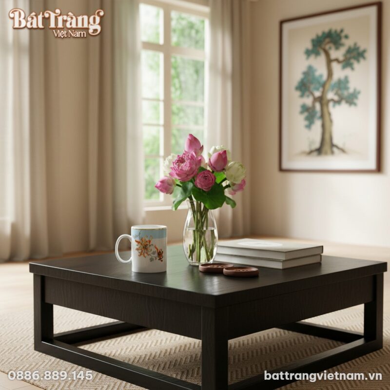 Ly sứ hoa cúc nổi bật trên bàn trà gỗ mun tại m...