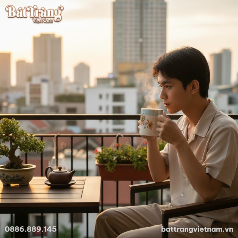 Một người trẻ Việt đang thưởng thức trà nóng từ...