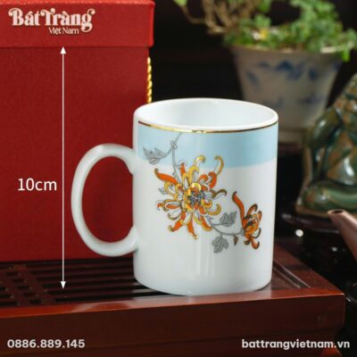 Kích thước Ly Sứ Cao Cấp Họa Tiết Hoa Cúc Vàng Cam Viền Vàng