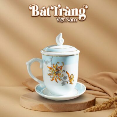 Ly Sứ Có Nắp Và Đĩa Lót Họa Tiết Hoa Cúc Vàng Cam Viền Vàng Kim BT-QT83 - Ảnh đại diện