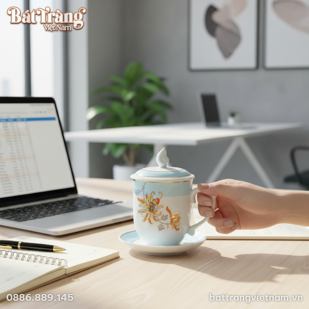 Cận cảnh chiếc ly sứ hoa cúc đặt trên bàn làm v...