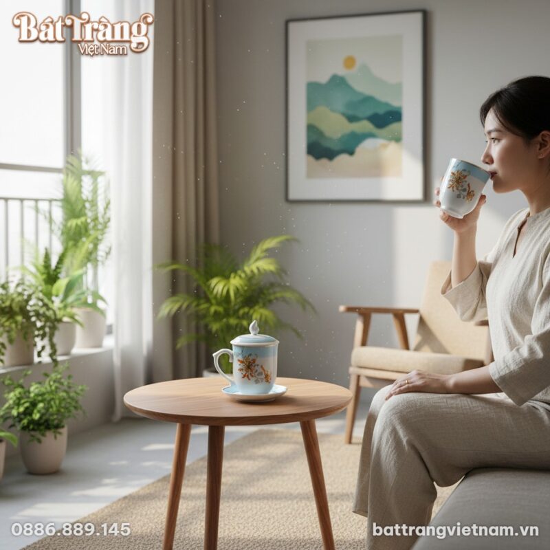 Chiếc ly sứ hoa cúc đặt trên bàn gỗ nhỏ cạnh cử...