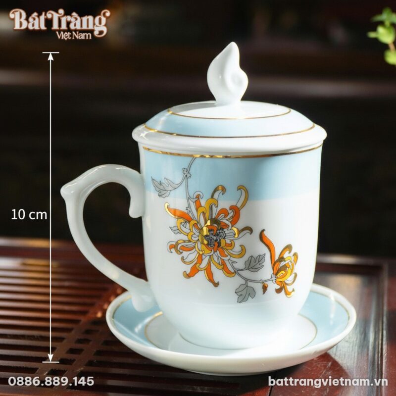 Kích thước Ly Sứ Có Nắp Và Đĩa Lót Họa Tiết Hoa Cúc Vàng Cam Viền Vàng Kim BT-QT83