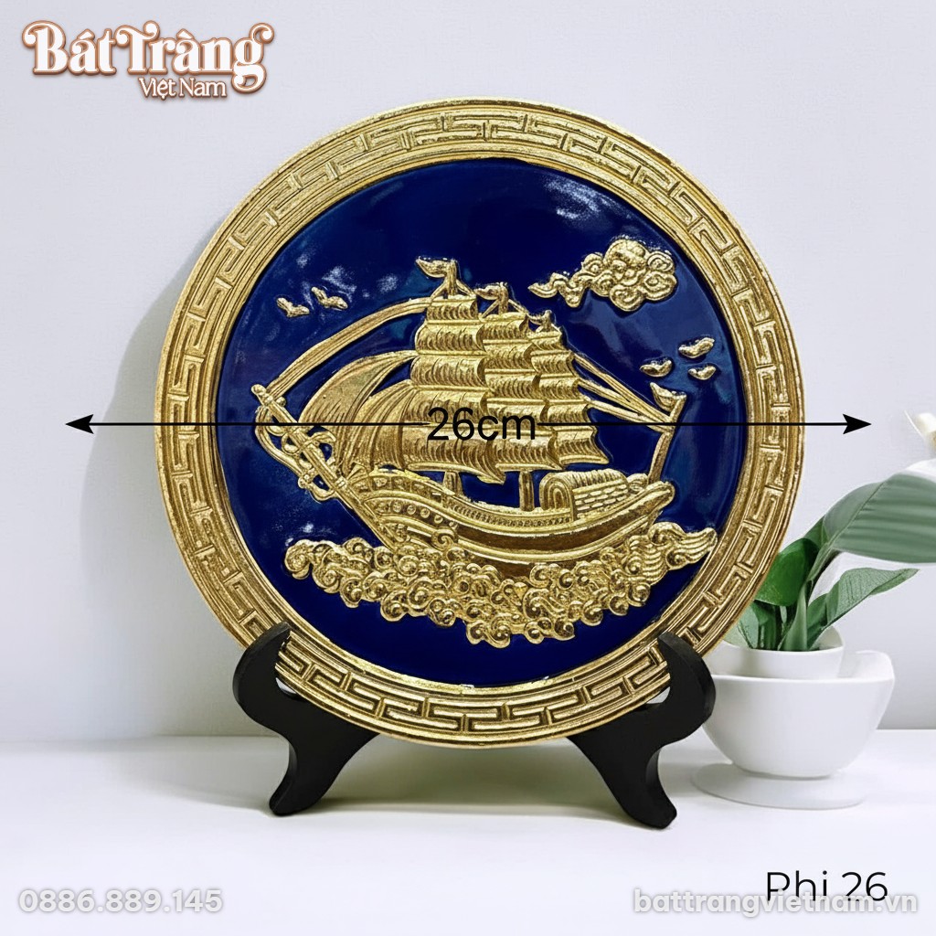 Kích thước Tranh Đĩa Gốm Sứ Đắp Nổi Thuyền Buồm Thuận Buồm Xuôi Gió Vàng Xanh Phi 26
