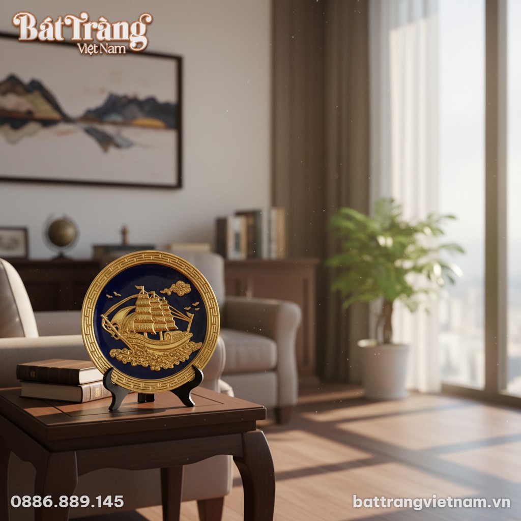 Tranh đĩa gốm sứ 26cm đặt trên chiếc đôn gỗ nhỏ...