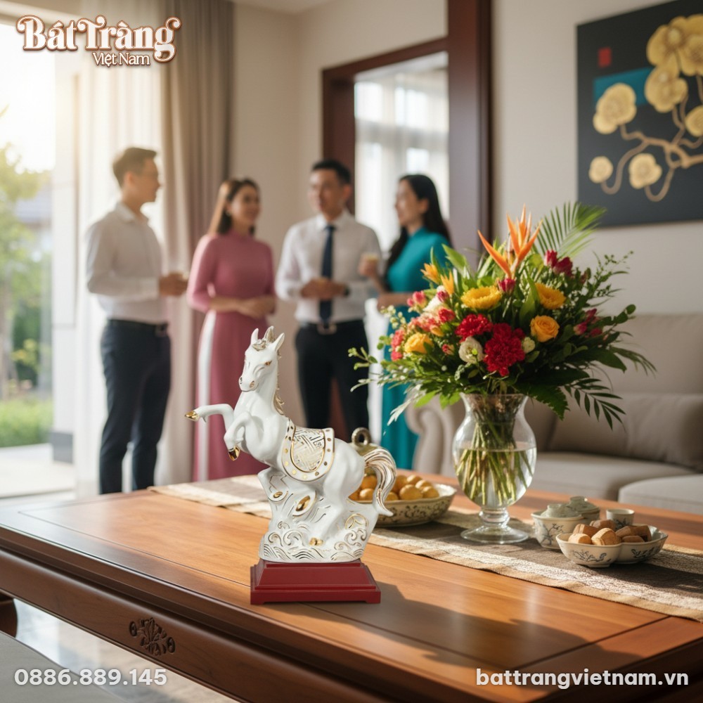 Tượng Bạch Mã gốm sứ Bát Tràng vẽ vàng kim đặt ...