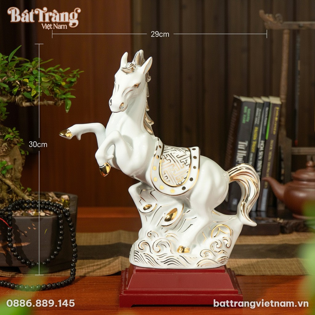 Kích thước Tượng Bạch Mã Vẽ Vàng Kim Gốm Sứ Bát Tràng BT-TLV07