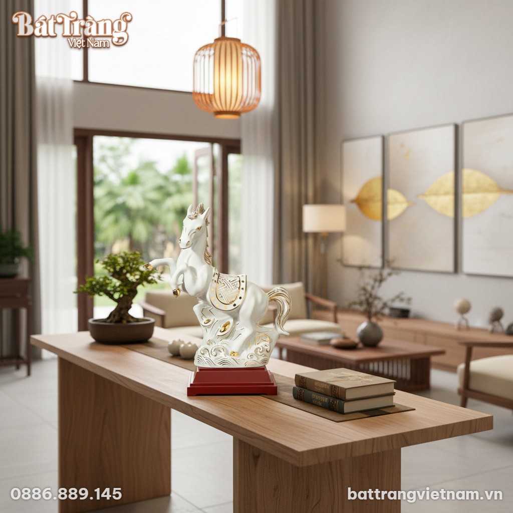 Tượng Bạch Mã gốm sứ Bát Tràng vẽ vàng kim cao ...