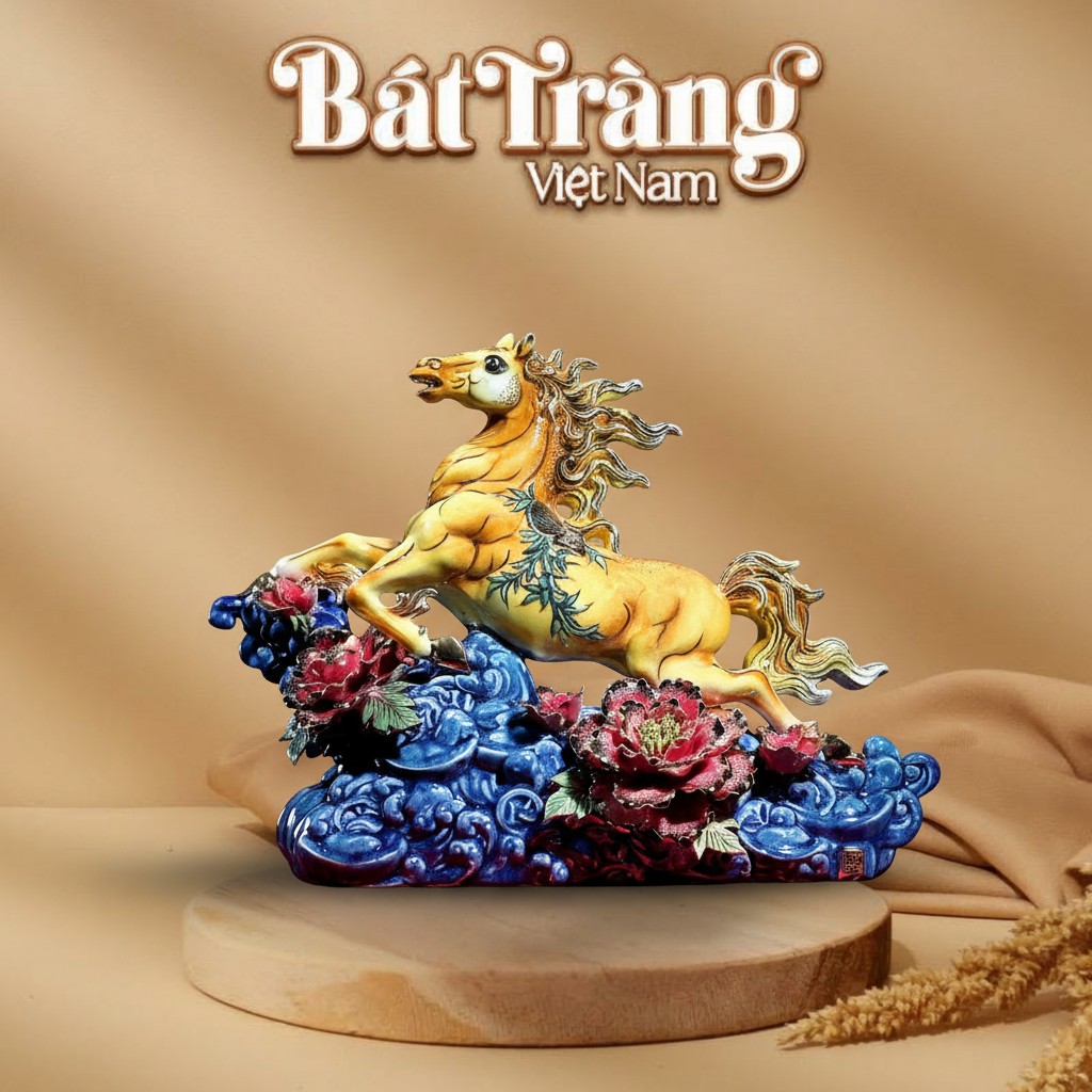 Tượng Ngựa Phi Trên Mây Và Hoa Mẫu Đơn Gốm Sứ Bính Ngọ