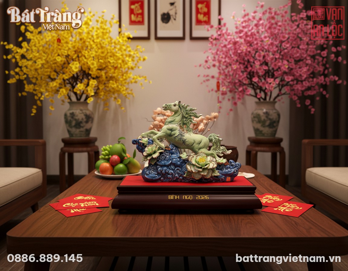 Tượng Ngựa Phong Thủy Bính Ngọ 2026 men xanh lụ...