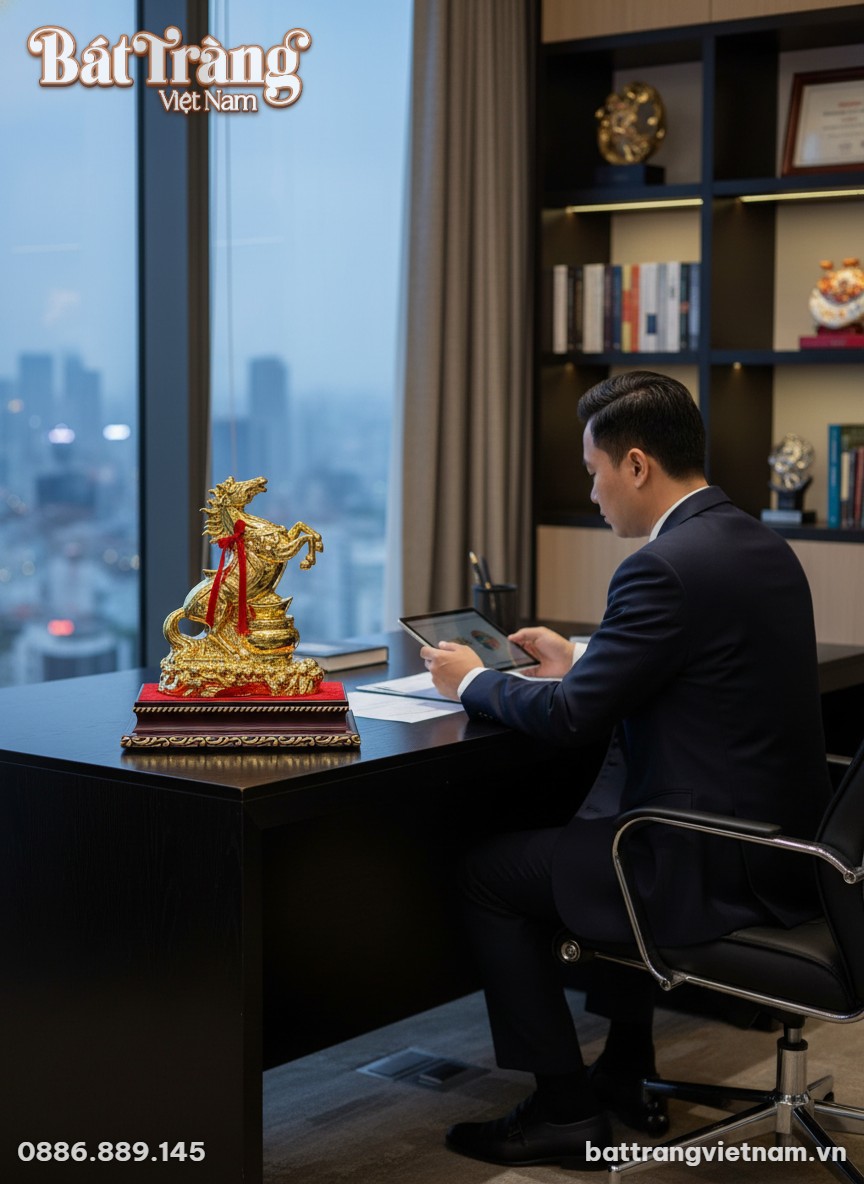 Tượng ngựa vàng gốm sứ Bát Tràng đặt trên bàn l...