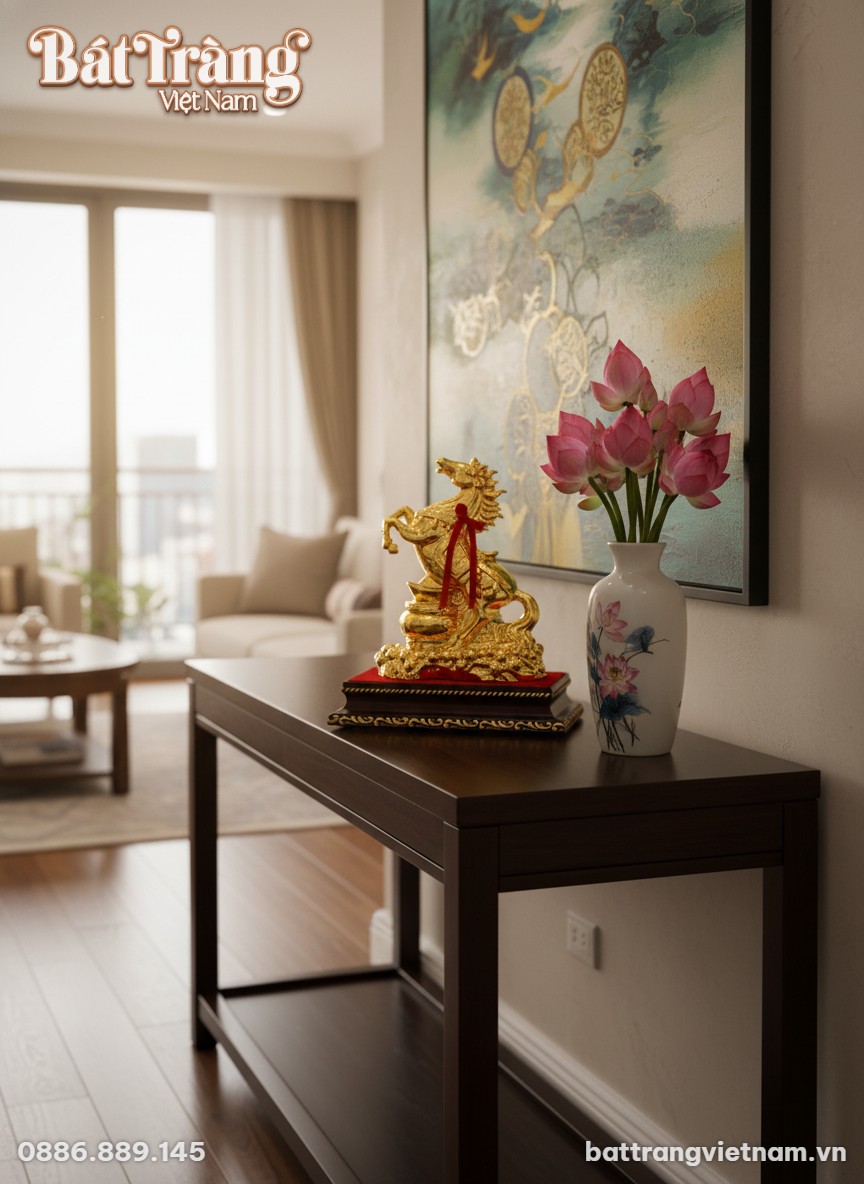 Tượng ngựa vàng gốm sứ Bát Tràng nổi bật trên c...