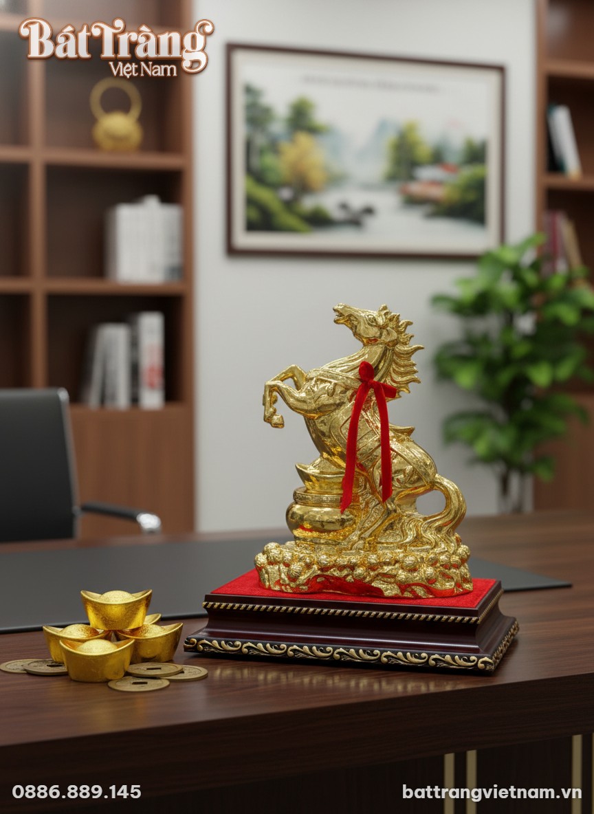 Cận cảnh tượng ngựa vàng gốm sứ Bát Tràng, làm ...