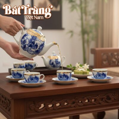 Bộ ấm chén bưởi bọc đồng vàng Trúc Lâm Thất Hiền men lam 400ml BT-AC59 (1)