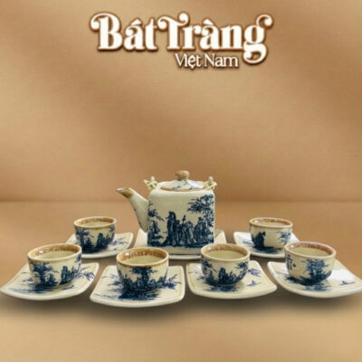 Bộ ấm chén men rạn cổ dáng vuông quai đồng vẽ Trúc Lâm Thất Hiền BT-AC66