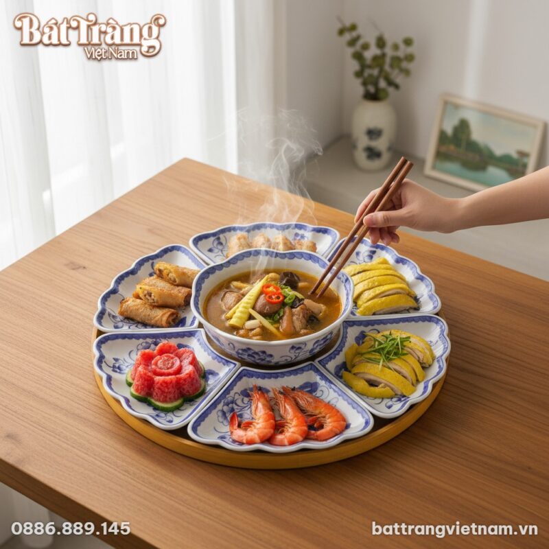 Cận cảnh bộ bát đĩa Bát Tràng hoa sen men lam t...