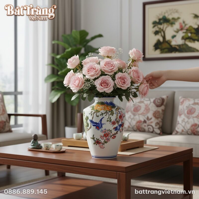 Bình cắm hoa gốm Bát Tràng họa tiết chim én càn... Bình cắm hoa gốm Bát Tràng họa tiết chim én càn...