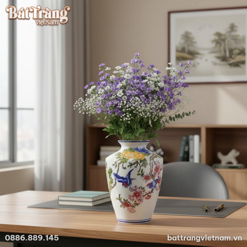 Bình gốm Bát Tràng vai vuông họa tiết chim én c... Bình gốm Bát Tràng vai vuông họa tiết chim én c...