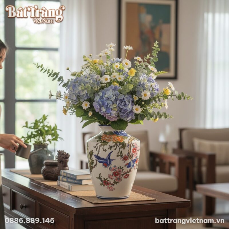 Cận cảnh bình gốm Bát Tràng vai vuông họa tiết ... Cận cảnh bình gốm Bát Tràng vai vuông họa tiết ...