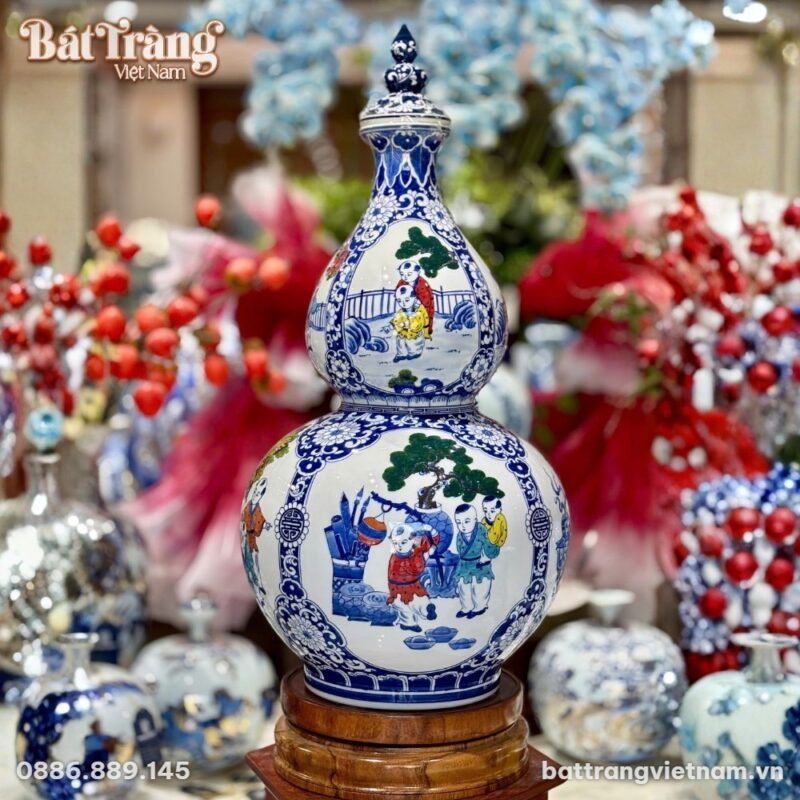 Bình Hồ Lô Bát Tràng vẽ cảnh tiểu đồng men lam Bình Hồ Lô Bát Tràng vẽ cảnh tiểu đồng men lam