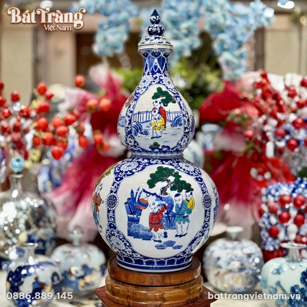 Bình Hồ Lô Bát Tràng vẽ cảnh tiểu đồng men lam