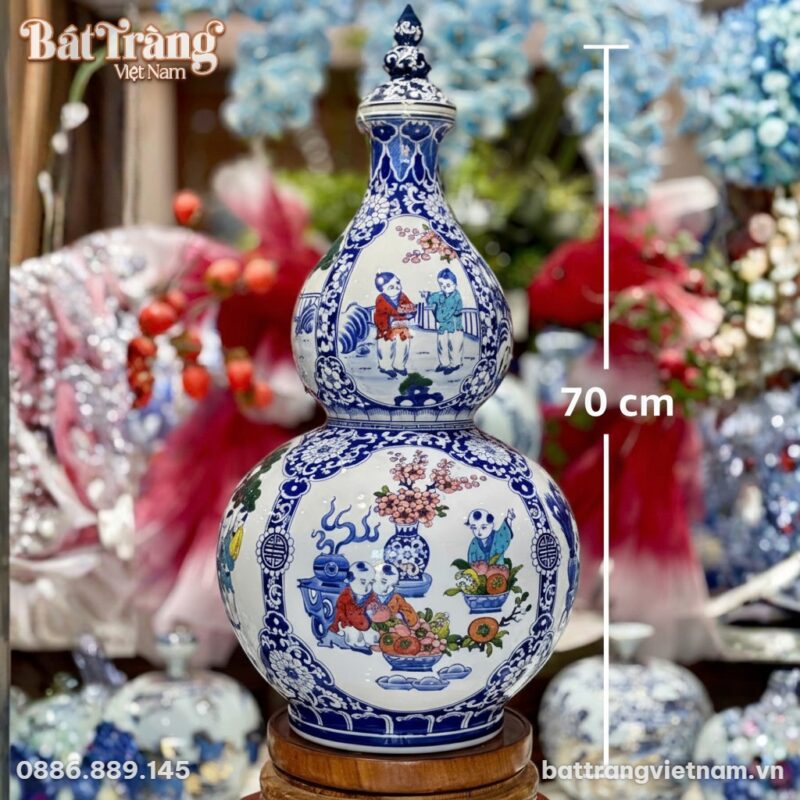 Kích thước Bình Hồ Lô Bát Tràng Vẽ Cảnh Tiểu Đồng Men Lam BT-HL18 Kích thước Bình Hồ Lô Bát Tràng Vẽ Cảnh Tiểu Đồng Men Lam BT-HL18