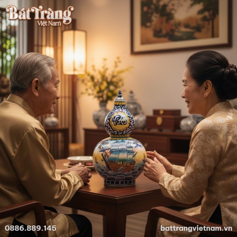 Cận cảnh bình Hồ Lô 52cm đặt trên bàn gỗ mun tr...