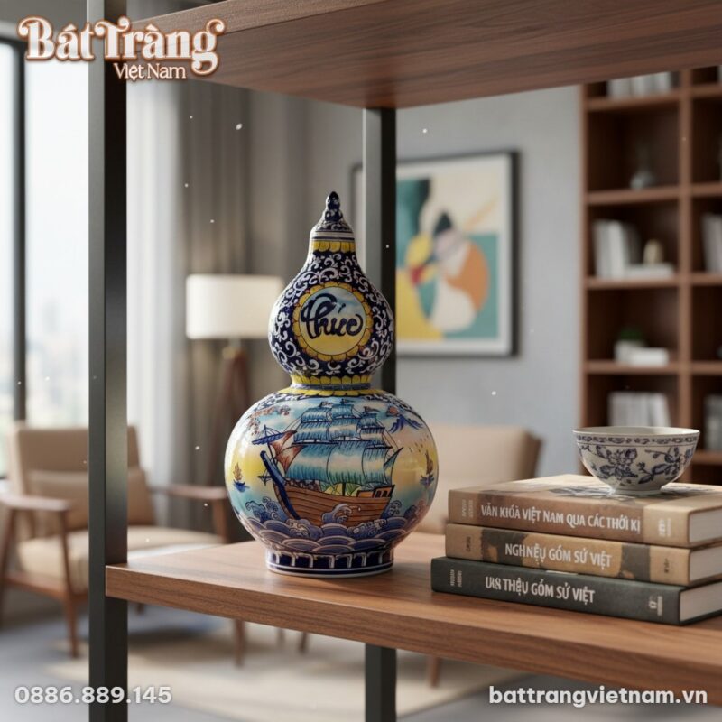 Góc nhìn cận cảnh bình Hồ Lô 52cm đặt trên kệ s...