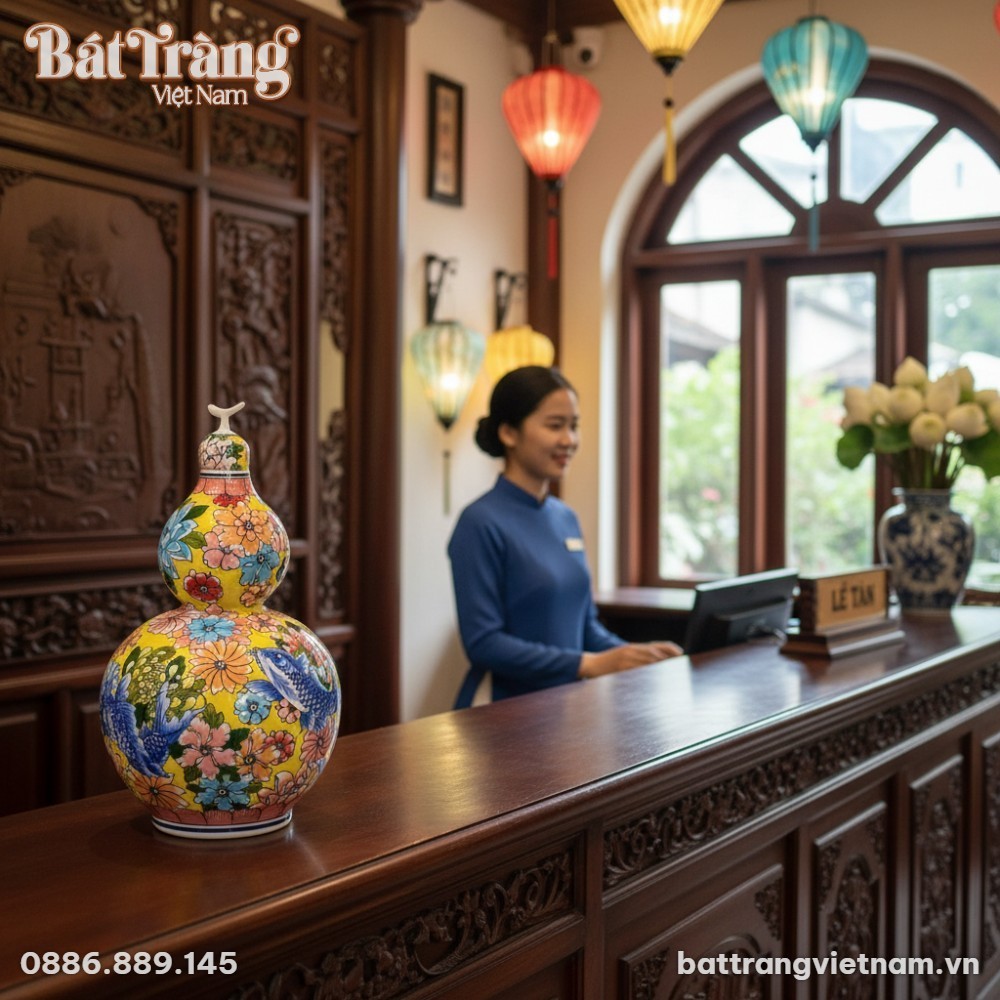 Chi tiết rõ nét Bình Hồ Lô Phú Quý Song Ngư Men...