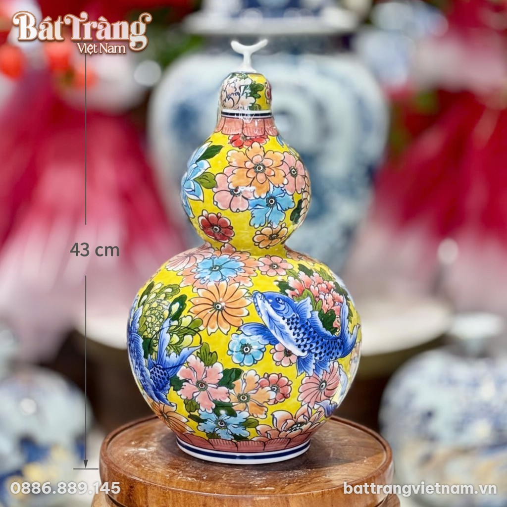 Kích thước Bình Hồ Lô Phú Quý Song Ngư Cát Tường Men Vàng Bát Tràng BT-HL17