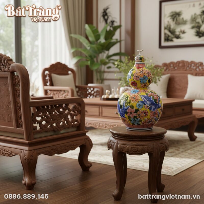 cận cảnh Bình Hồ Lô Phú Quý Song Ngư Men Vàng c... cận cảnh Bình Hồ Lô Phú Quý Song Ngư Men Vàng c...