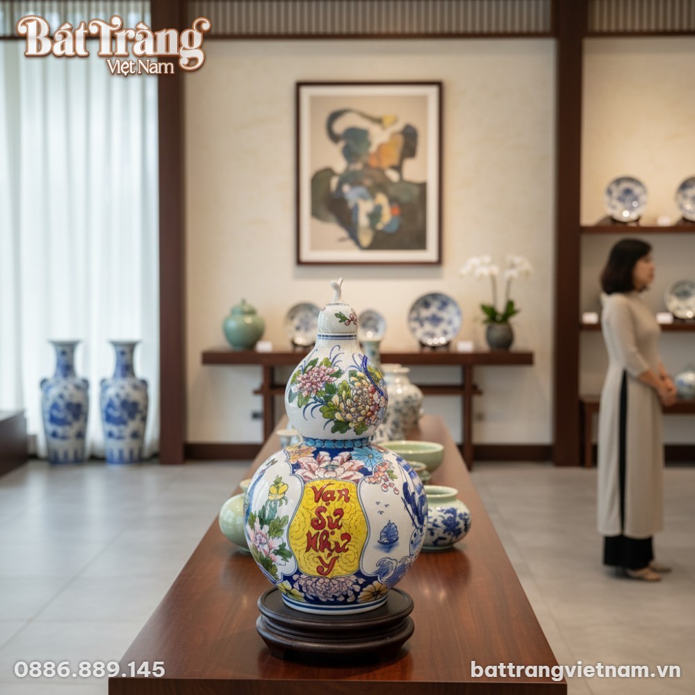 Một bình hồ lô gốm sứ Bát Tràng cao 43cm, họa t...