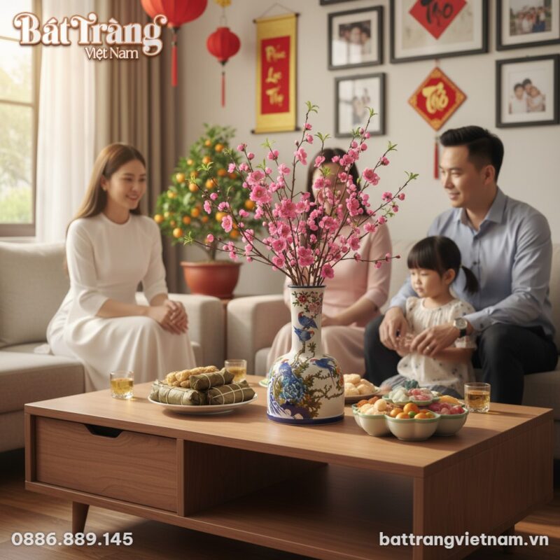 Bình hoa gốm Bát Tràng vẽ chim hoa đa sắc làm đ...