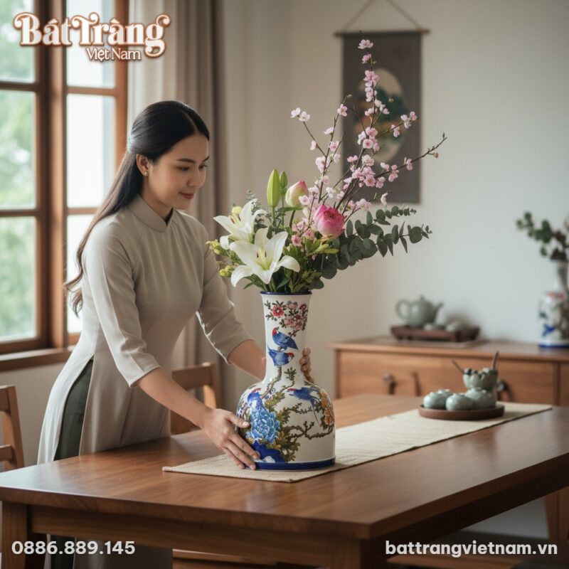 Người phụ nữ Việt thanh lịch đặt bình hoa gốm B...