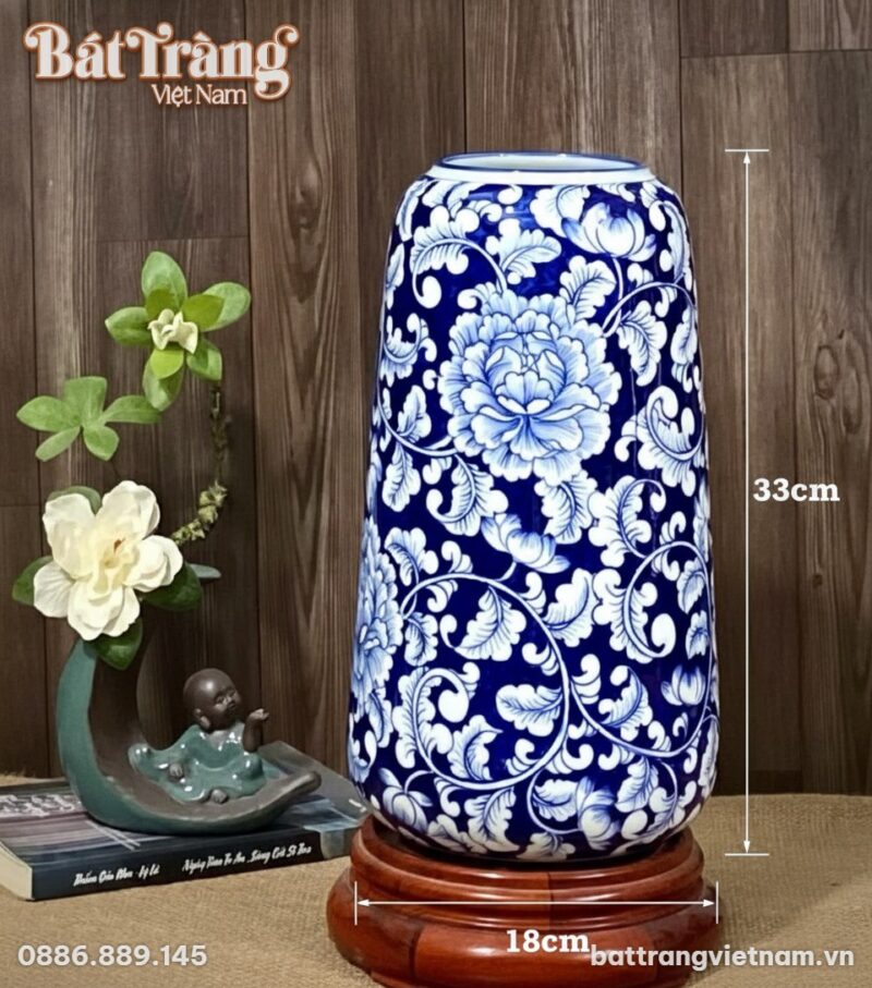 Kích thước Bình hoa dáng bom men xanh vẽ hoa mẫu đơn BT-LH38 Kích thước Bình hoa dáng bom men xanh vẽ hoa mẫu đơn BT-LH38