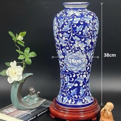 Kích thước Bình hoa dáng chân đèn vẽ hoa mẫu đơn men xanh BT-LH40