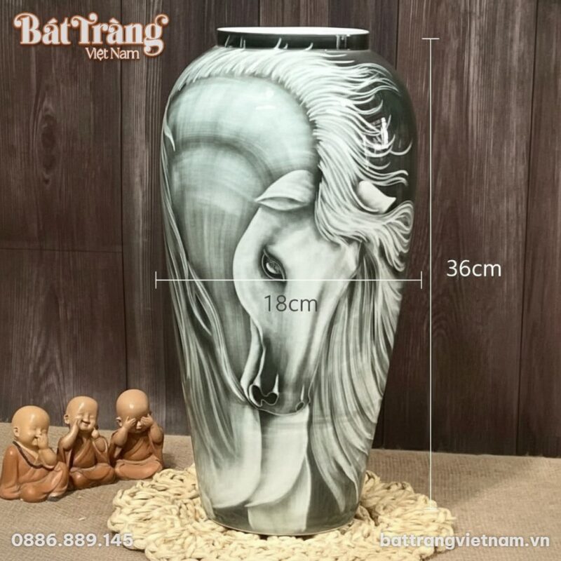Kích thước Bình hoa dáng khum vẽ ngựa trắng men màu Bát Tràng BT-LH46