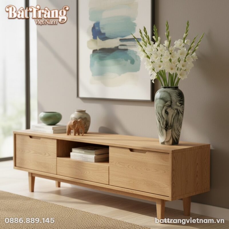 Phòng khách Việt Nam hiện đại, bình hoa gốm Bát...