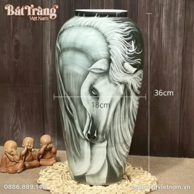 Kích thước Bình hoa dáng khum vẽ ngựa trắng men màu Bát Tràng BT-LH46