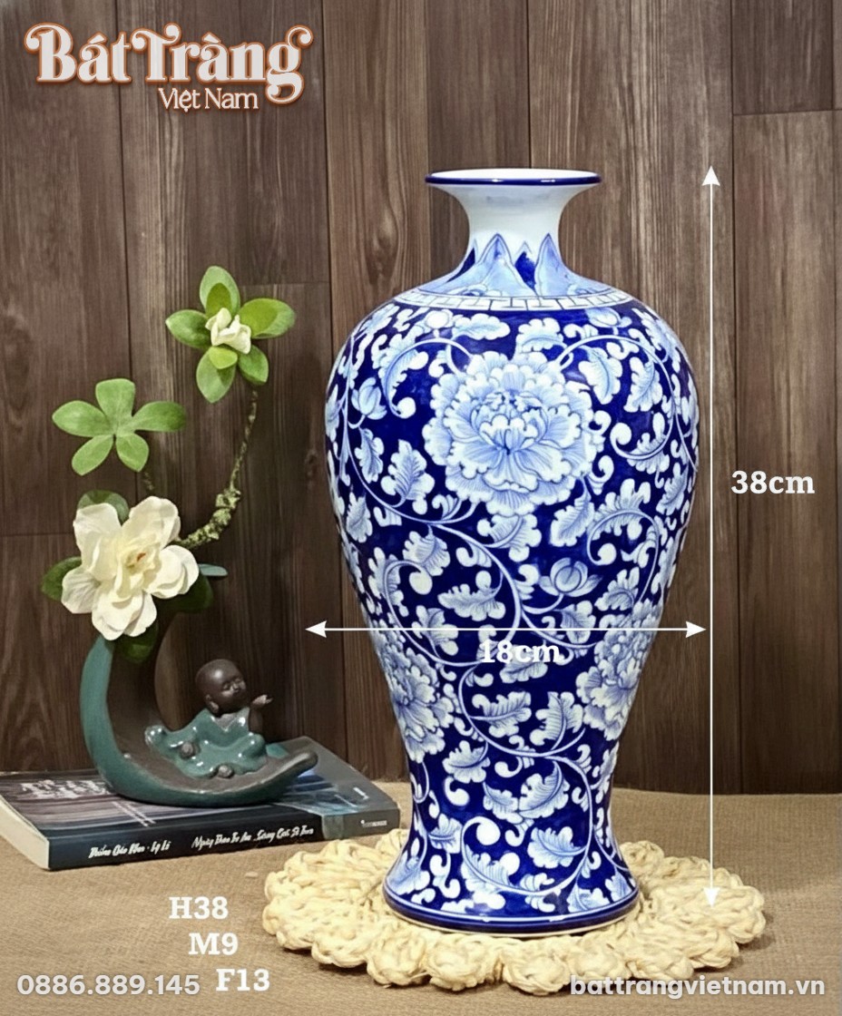 Kích thước Bình hoa dáng mai bình men xanh vẽ hoa mẫu đơn BT-LH36