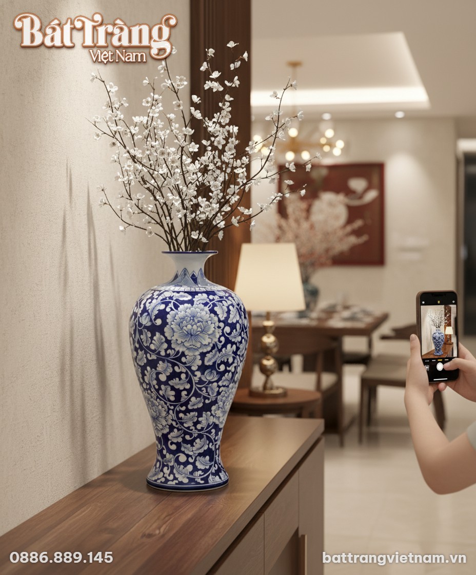 Bình hoa dáng mai bình men xanh vẽ mẫu đơn (cao...